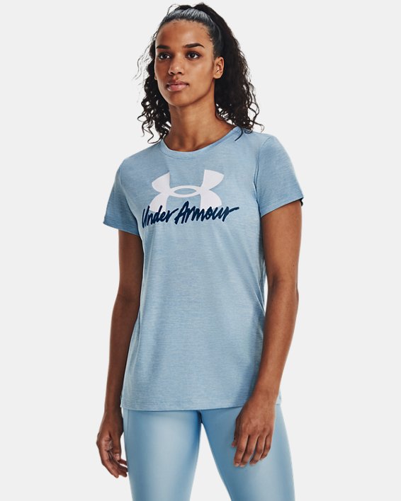 เสื้อแขนสั้น UA Tech™ Twist Graphic สำหรับผู้หญิง in Blue image number 0
